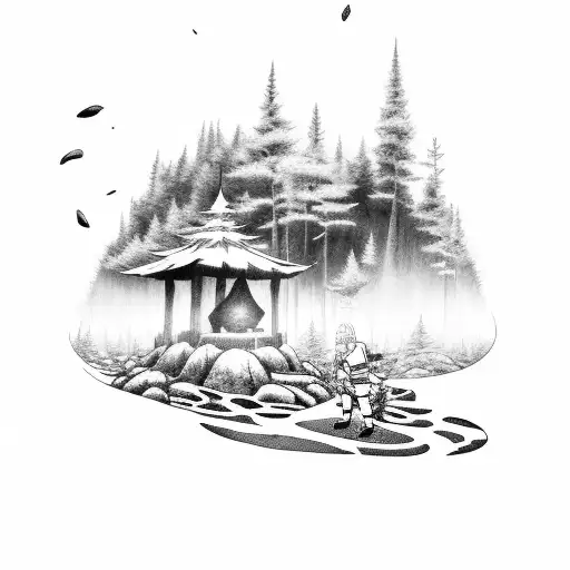 A Black-grey Tattoo Of Naruto And Counter-strike Characters Battling It Out In A Forest Clearing