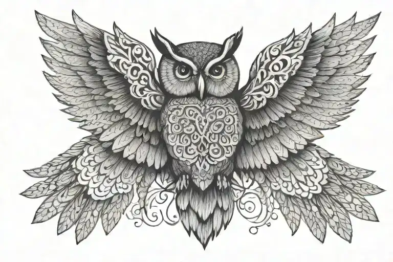 Mandala Owl Wings Spread Open Symetric Dotwork