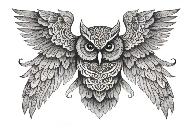 Mandala Owl Wings Spread Open Symetric Dotwork Angry