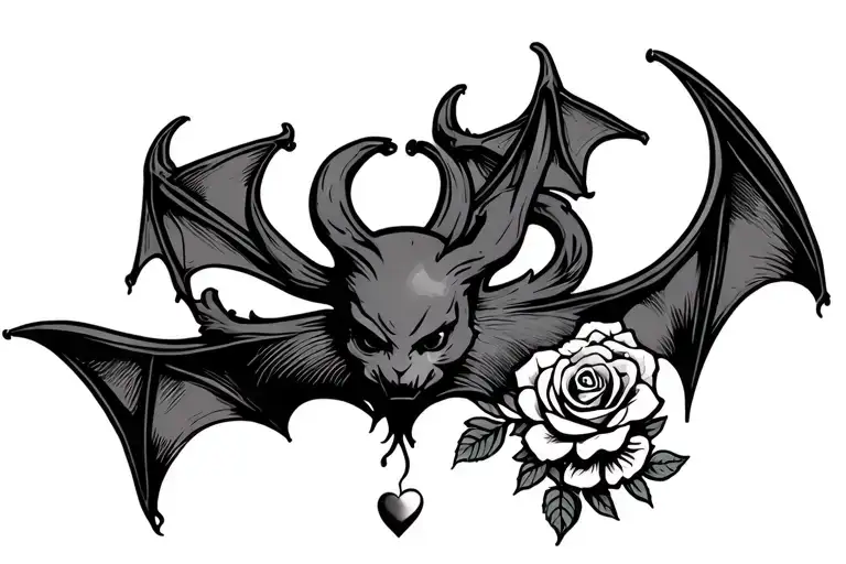 Traditional Bat Tattoo With A Small Heart And Roses Below