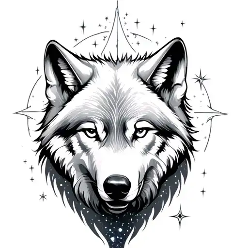 White Wolf Full Sleeve Tattoo Under A Super Nova And Stars