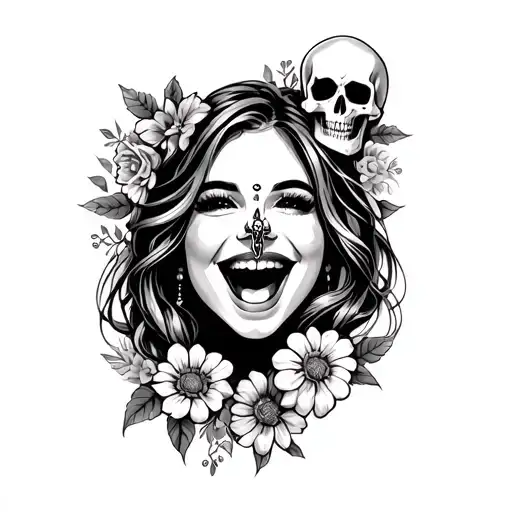 Laughing Girl Face Tattoo With A Septum Piercing In Chicano Style With A Skull And Flowers