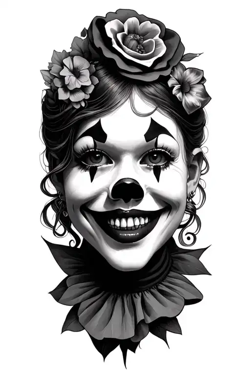 Smiling Clown Girl Face Tattoo With A Septum Piercing With A Skull And Flowers
