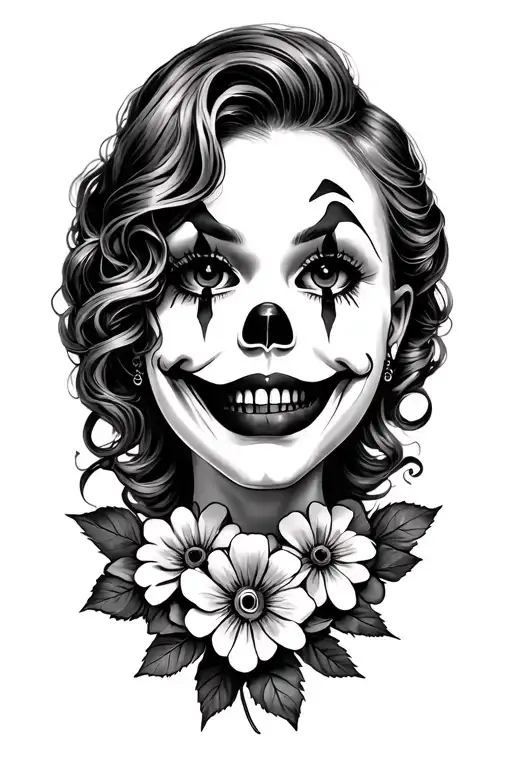 Smirking Clown Girl Face Tattoo With A Septum Piercing With A Skull And Flowers