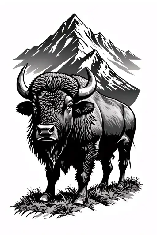 Buffalo In Front Of Mountain