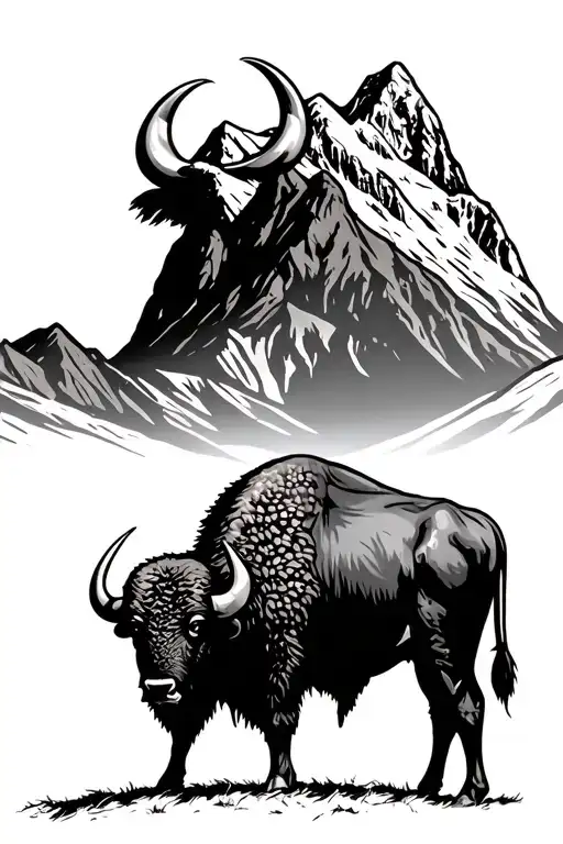 Buffalo In Front Of Mountain