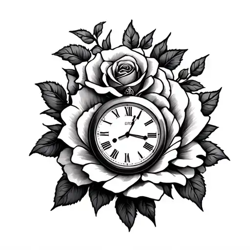 Clock Tattoo With Rose And Mayflower