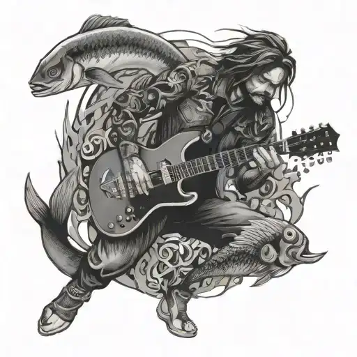 An Alpha Male Figure Playing A Powerful Guitar Solo Surrounded By Marine Fish