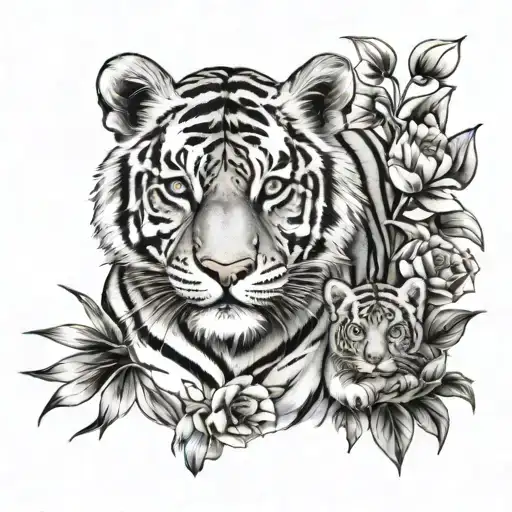3 Baby Tigers 1 Adult Tiger With Floral Background