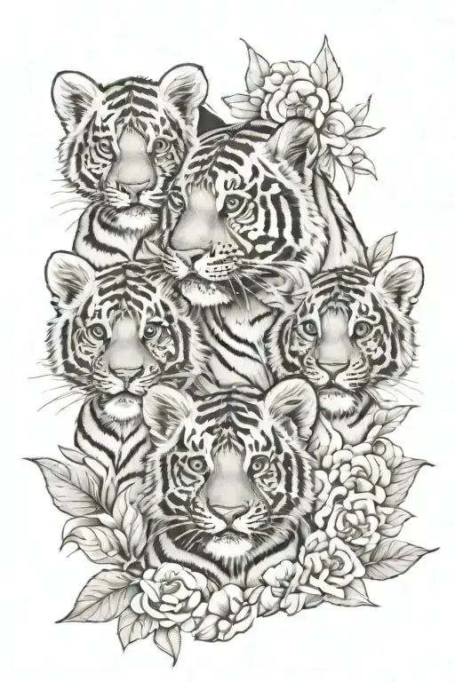 3 Baby Tigers 1 Adult Tiger With Floral Background
