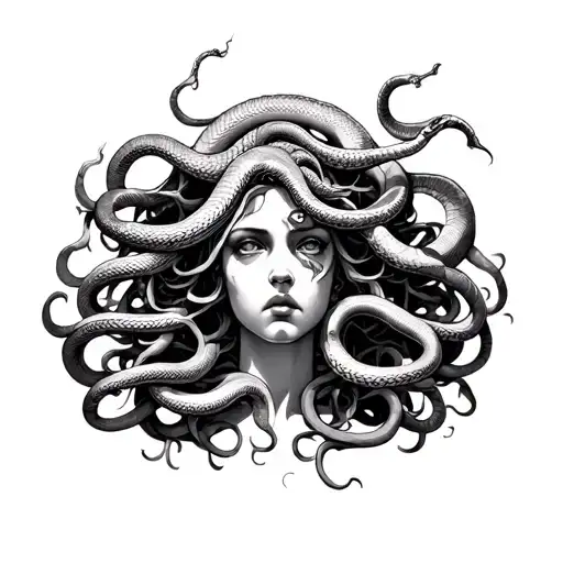 Medusa Snakes Going Up Head Surrounded By Architecture