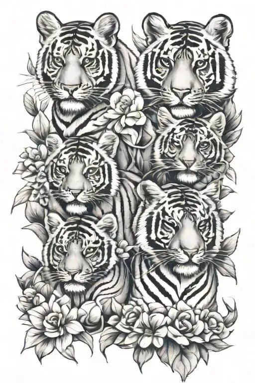 3 Baby Tigers And Adult Tiger With Floral Background