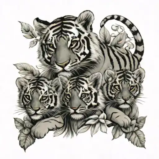 3 Baby Tigers And 1 Adult Tiger With Floral Background