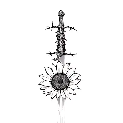 Sword Wrapped In Barbed Wire Piercing Sunflower