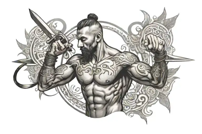 Design A Tattoo Of A Fighter In A Meditative Pose With Sanskrit Mantras In The Background