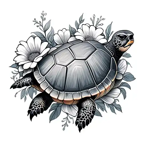 Flowers And Turtle Surrounded