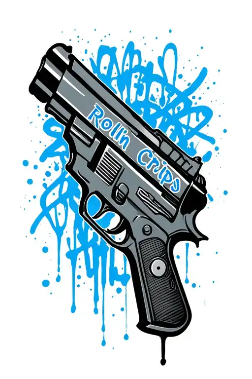 Blue Graffity Tattoo With The Name Rollin Crips With Gun