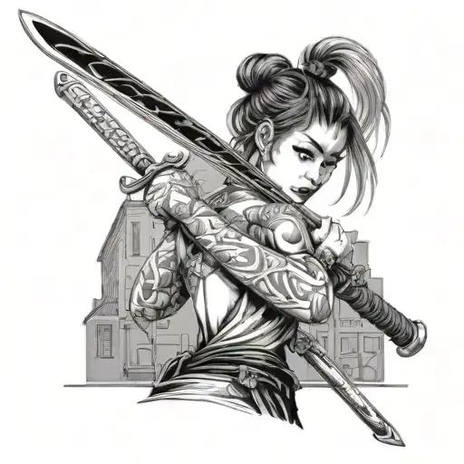 Hot Girl With Samurai Sword On Her Back Standing In An Alley