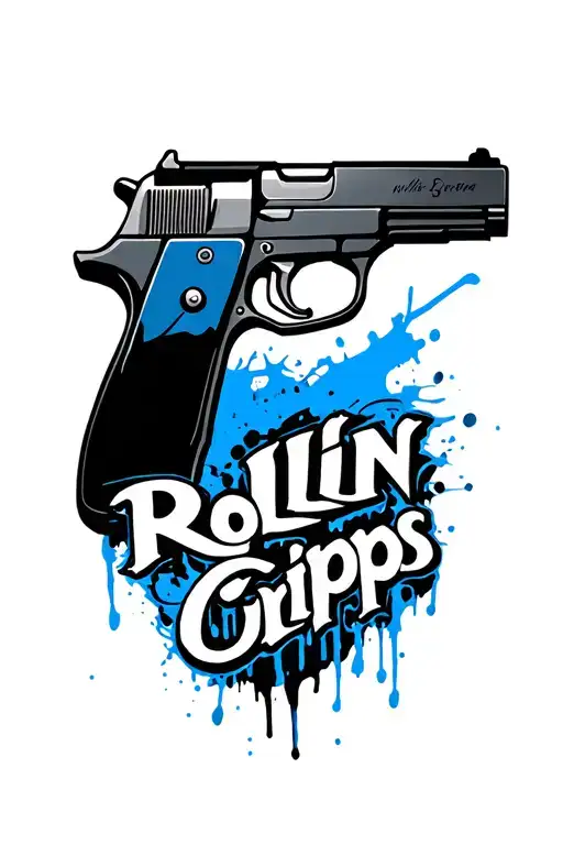 Blue Graffity Tattoo With The Name Rollin Crips With Gun In Background