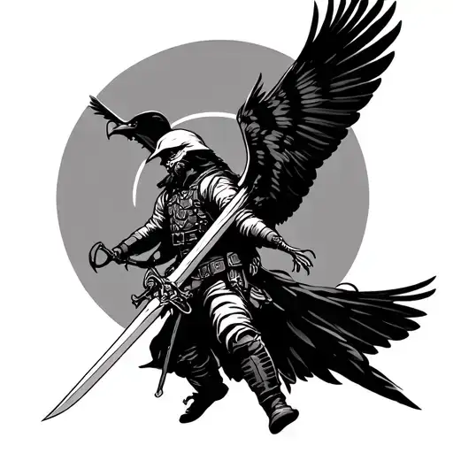 Soldier With Sword And Hawk Flying