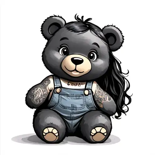 Cartoon Kid Girl Bear With Tattoos And Overalls