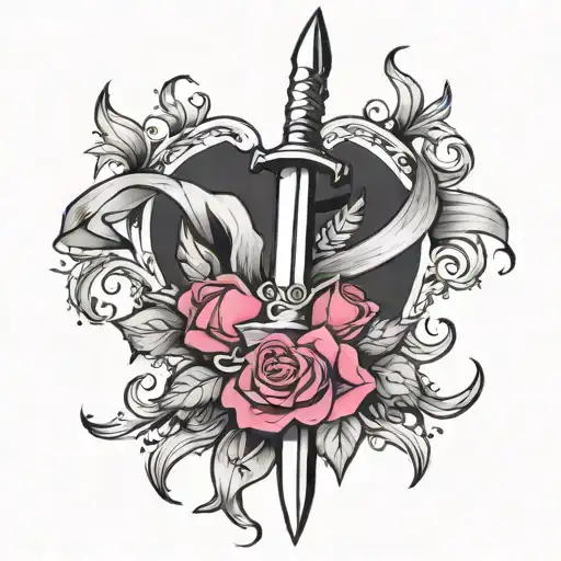 An Upright Dagger Or Dagger Surrounded By A Red And Pink Scarf