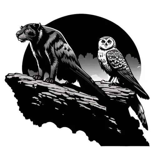A Black Well An Eagle Panther On A Cliff With A Big And Little Owl