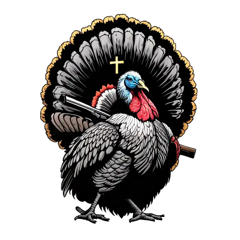 Strutting Gobbler With A Shotgun And A Cross