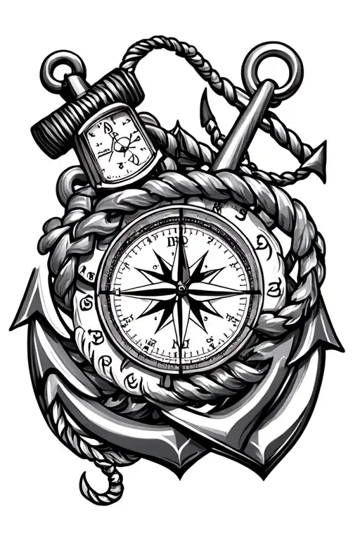 Compass And Anchor And Watch Intertwined