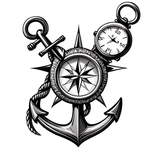 Compass And Anchor And Watch Intertwined