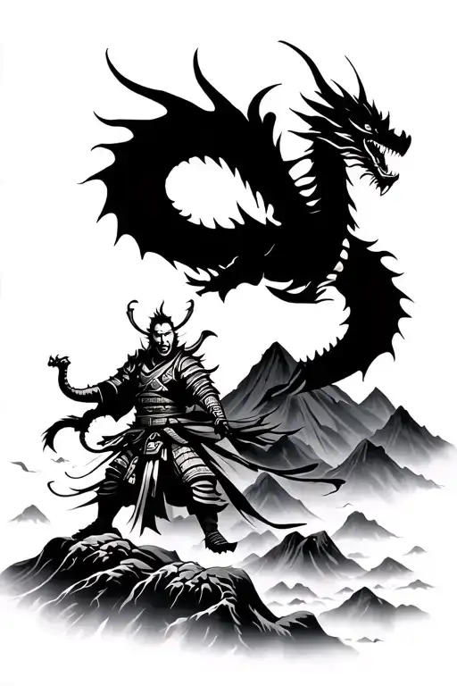 Samurai And Mountains With Dragon Flying