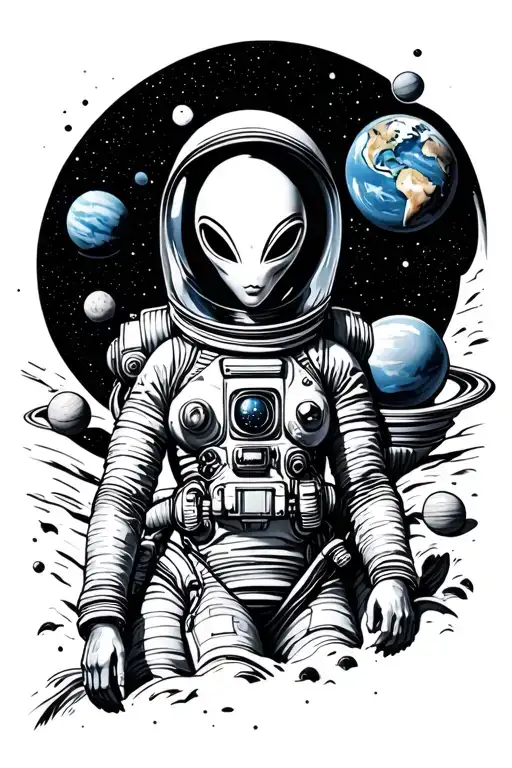 Alien Women With Planets Orbiting Astronaut With Earth