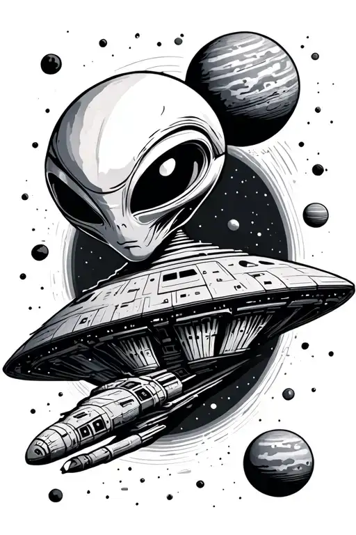 Alien With Spaceship And Planets Orbiting Each Other