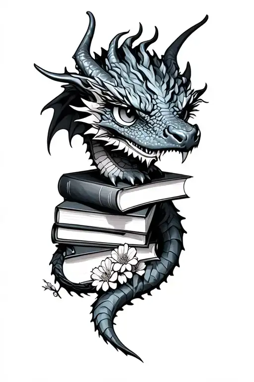 Cute Fierce Dragon With Books Surrounded By Florals