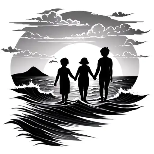 Ocean Waves With Sunset And Clouds With Silhouette Of Grandmother Holding Hands With Boy For Sleeve