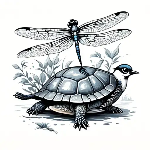 Dragonfly With A Turtle And A Woodpecker