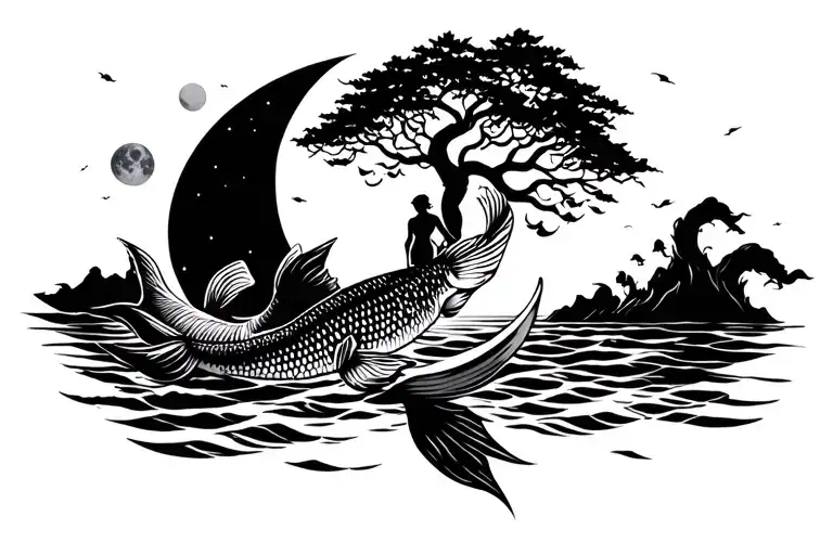 Sun Moon Tree Ocean Koi Fish Swimming Guy Surfing Mermaid