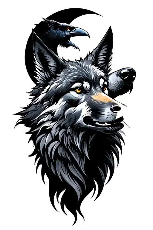 Wolf Head And Raven And Moon
