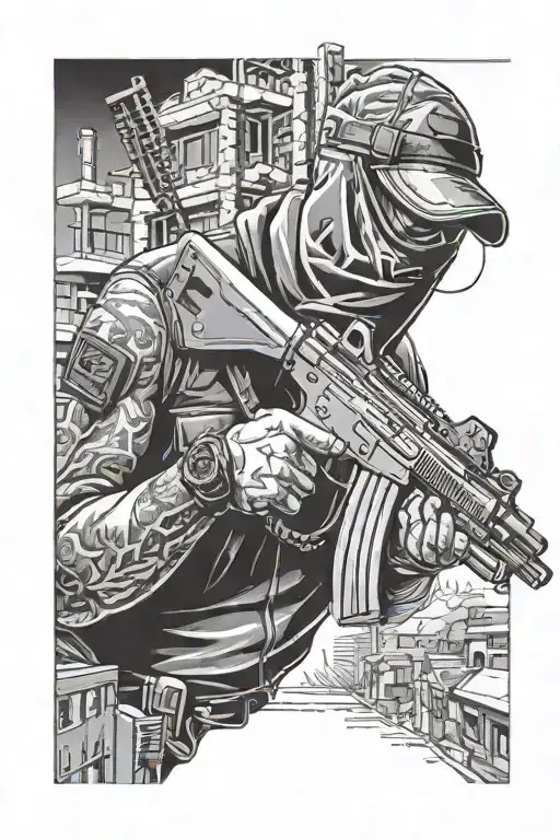 Ak47 And Guy With Skimask And Apartments In Background