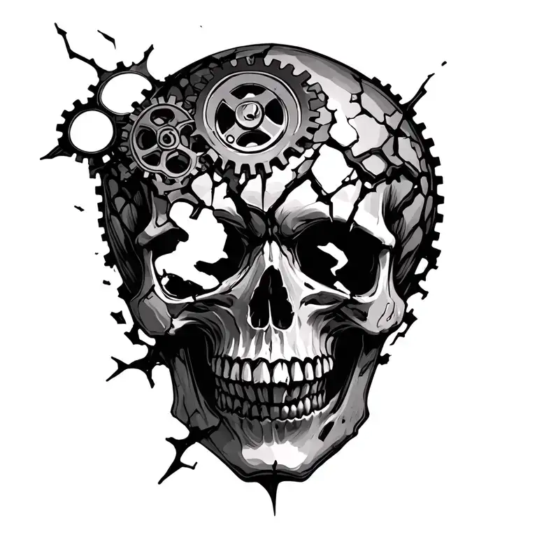 Shattered Skull With Broken Cogs Escaping