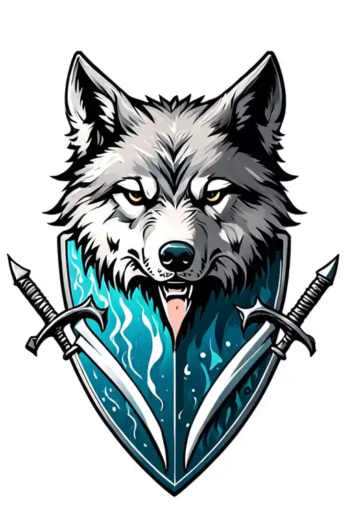 Water Tribe Shield In Front Of A Wolf Head With Two Swords Sheathed At The Side