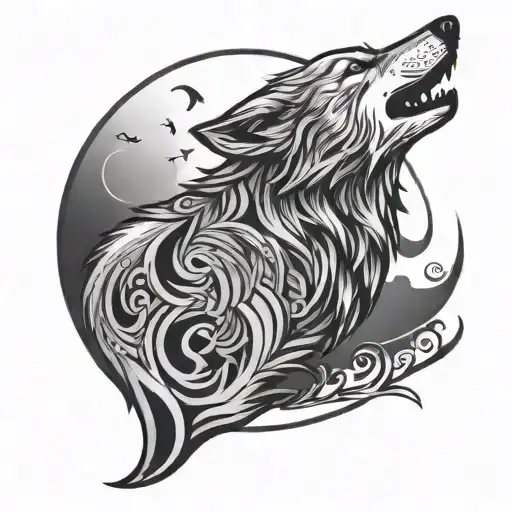 A Stylized Wolf Howling At A Full Moon Made Of Musical Symbols