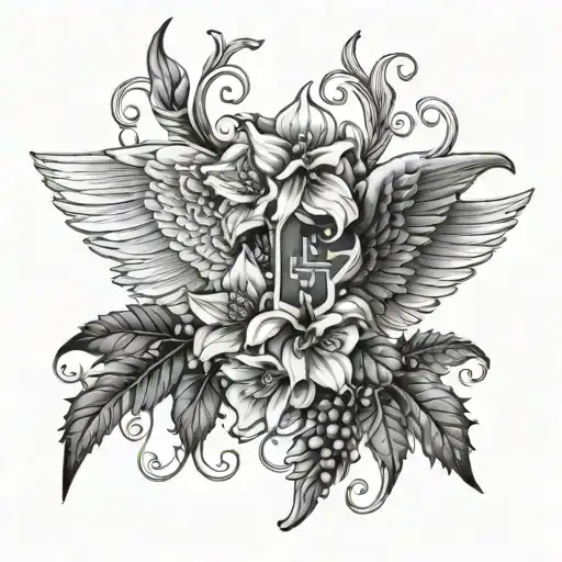 Seperated Angel Wings With Narcissus Flowers And Holly Berry Incorporated At The Bottom