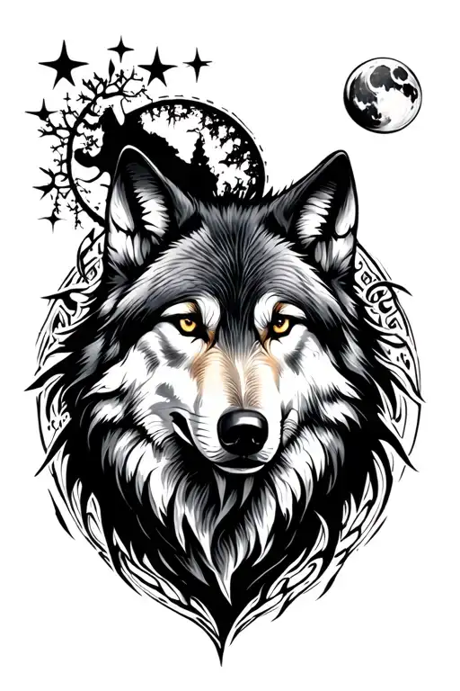 Wolf With Moon Surrounded