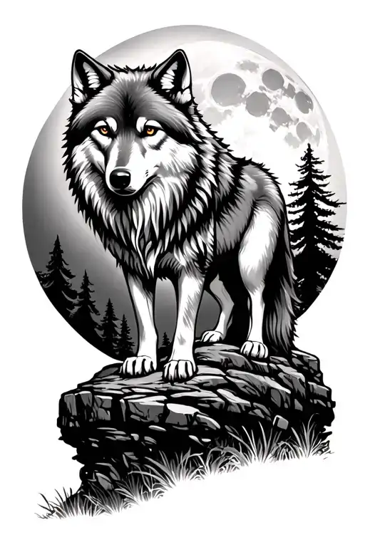 Wolf On A Stone Cliff In The Forest In The Light Of The Full Moon