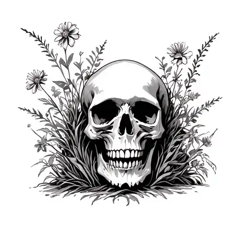 Skull Facing Forward With Weeds And Flowers Growing Around It