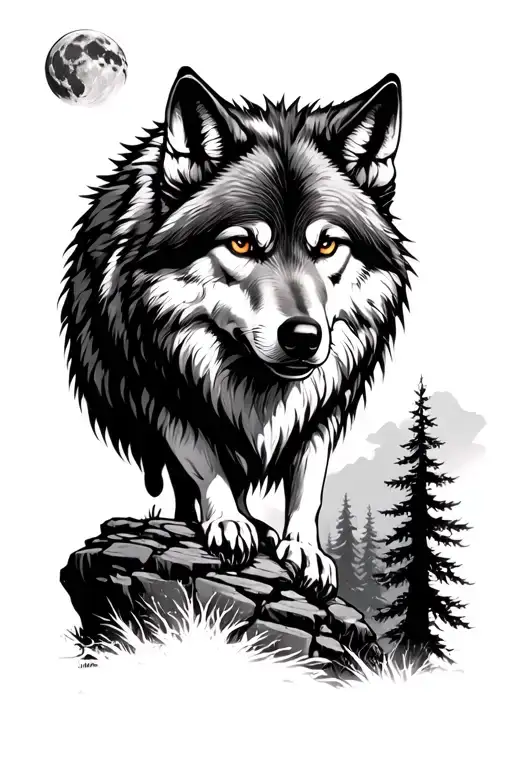 Wolf On A Stone Cliff In The Forest In The Light Of The Full Moon