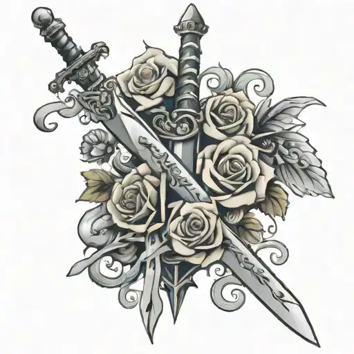 Sword With Wings Stabbing Rose With Scrolls Saying Mercy Prevails Over Wrath