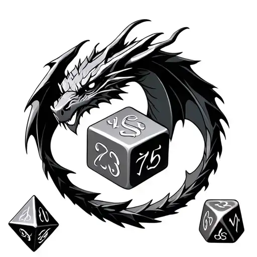 A Dnd Dice Set With A Pencil And A Dragon