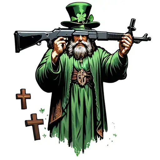 Saint Patrick Holding Up An Ak 47 Rifle With A Catholic Cross In His Left Hand Slightly Glowing